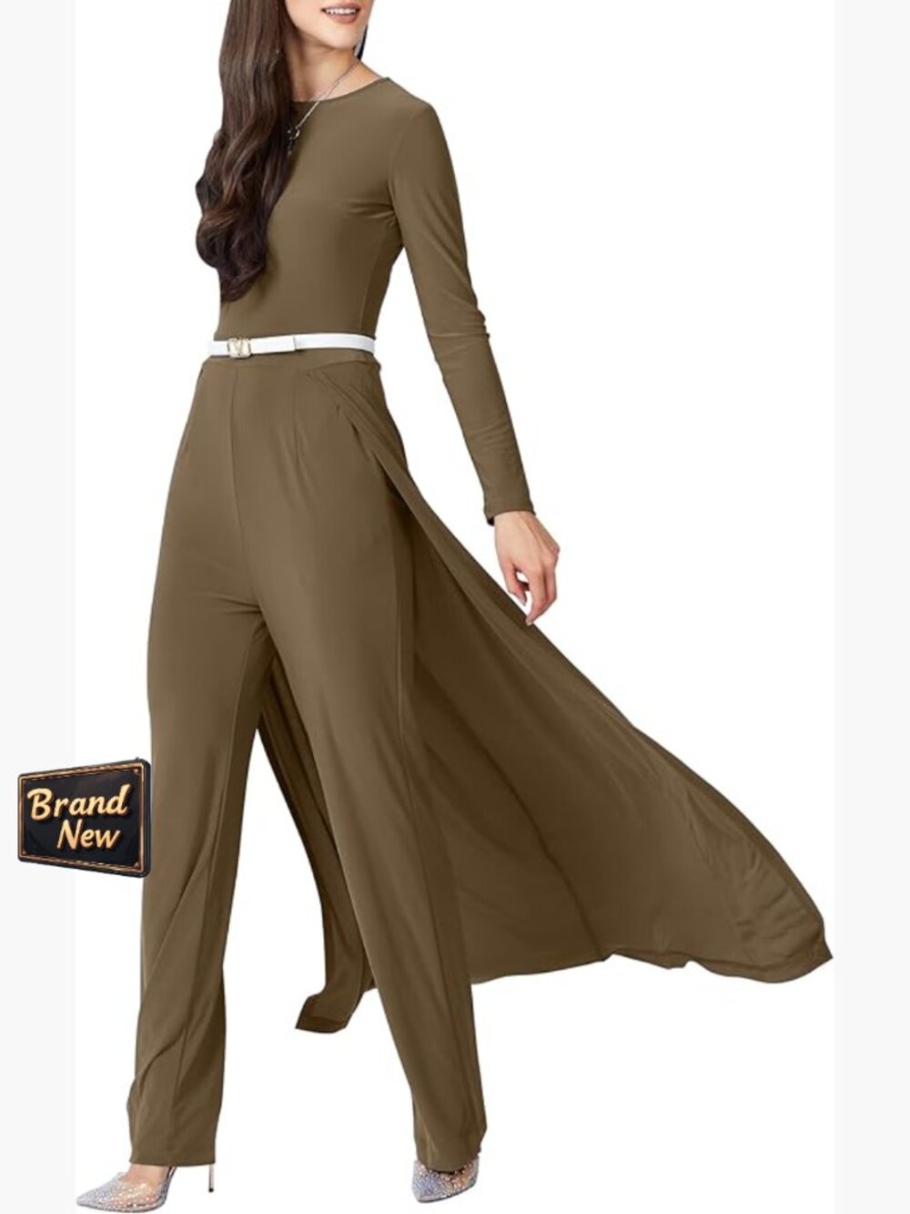 Long Sleeve Jumpsuit with Pockets, Floor Length, Stretchy Polyester Blend
